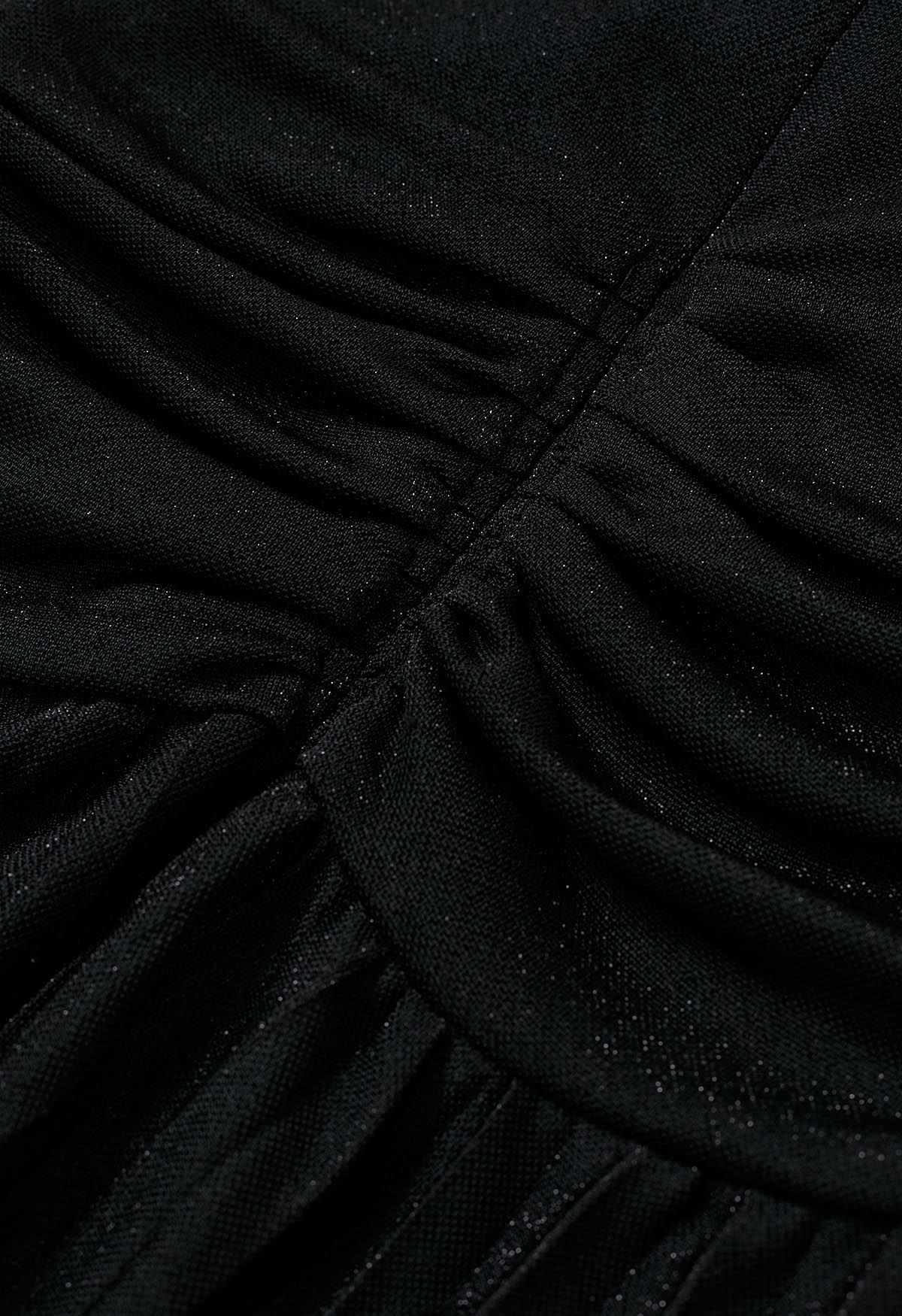 Glistening Twisted Front Pleated Maxi Dress in Black