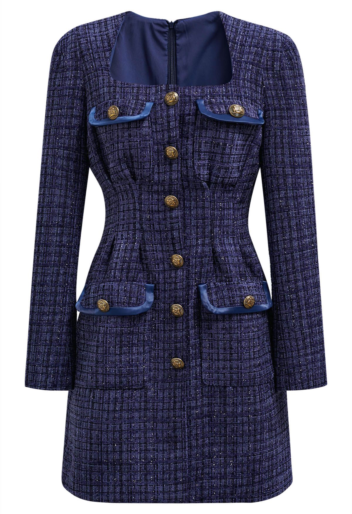 Polished Button Flap Pocket Tweed Mini Dress