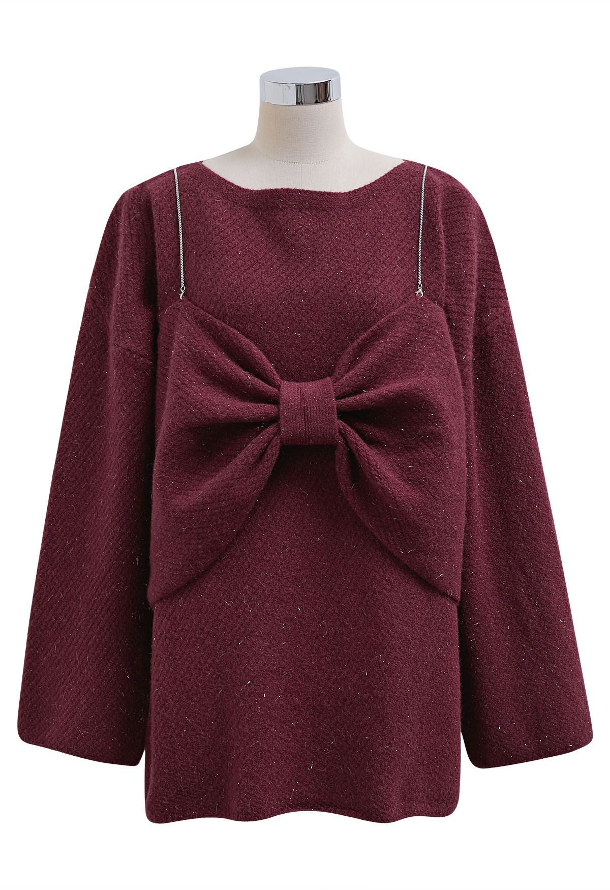 Bowknot 2 Pieces Metallic Mix Knit Sweater Dress in Plum