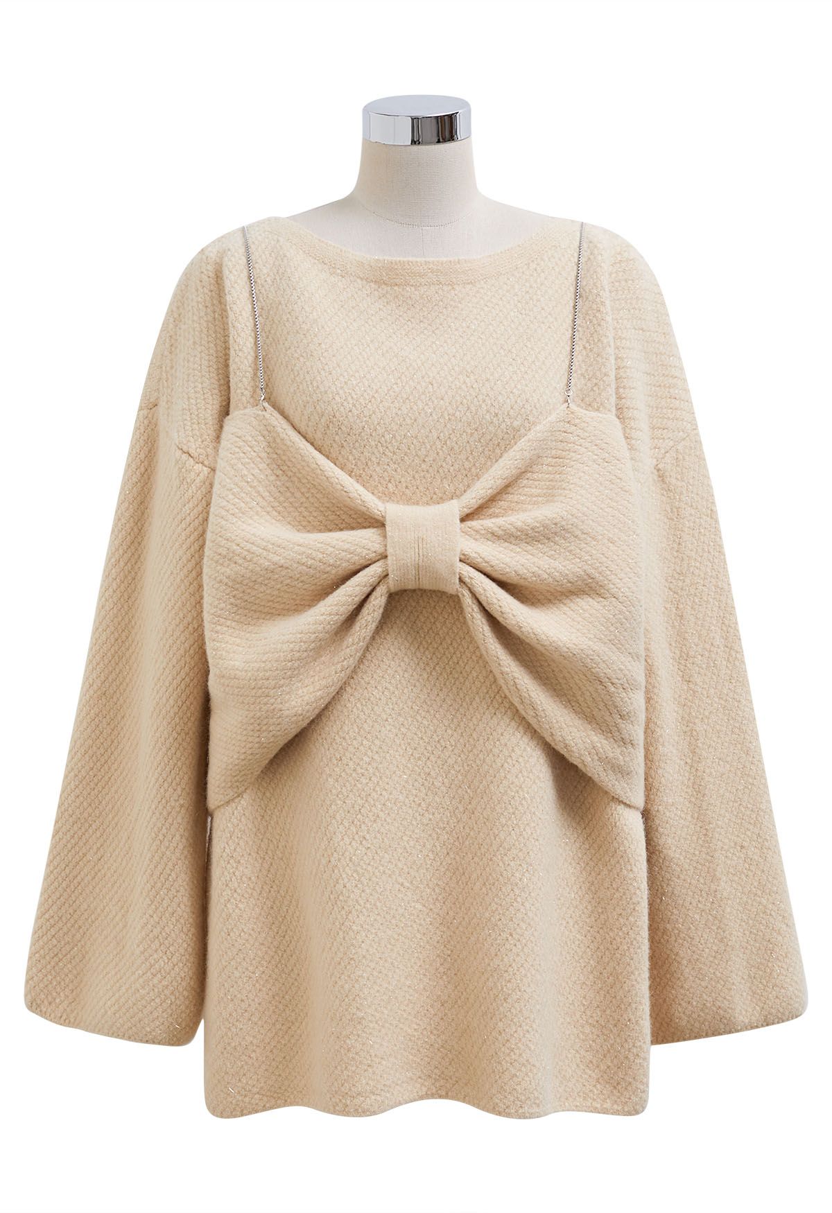 Bowknot 2 Pieces Metallic Mix Knit Sweater Dress in Sand