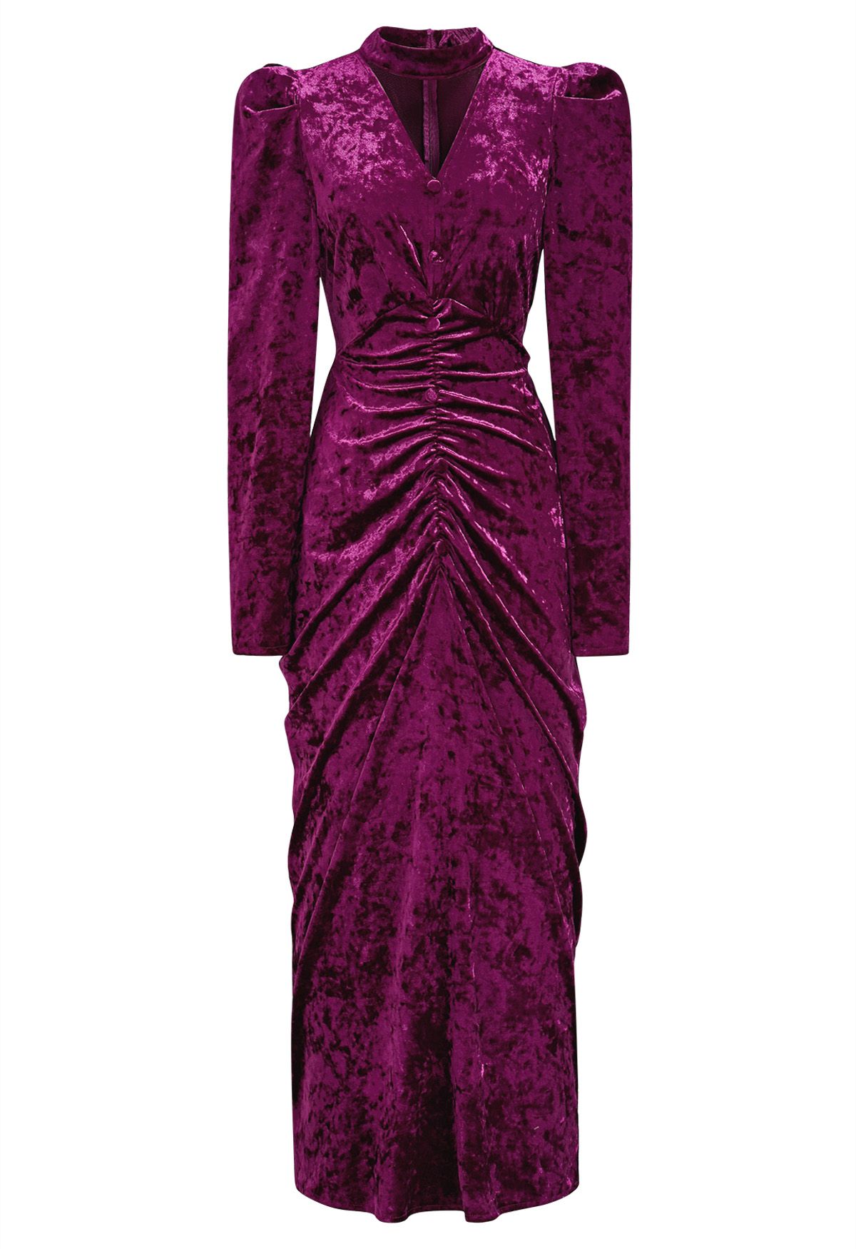 Choker Neck Button Ruched Velvet Midi Dress in Berry