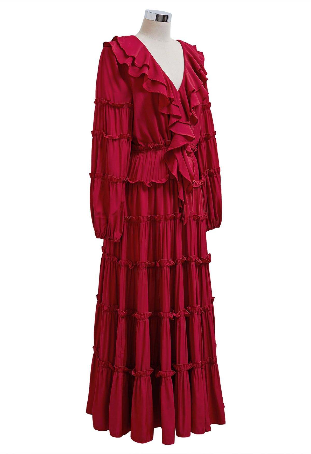 Dramatic Tiered Ruffles V-Neck Maxi Dress in Red