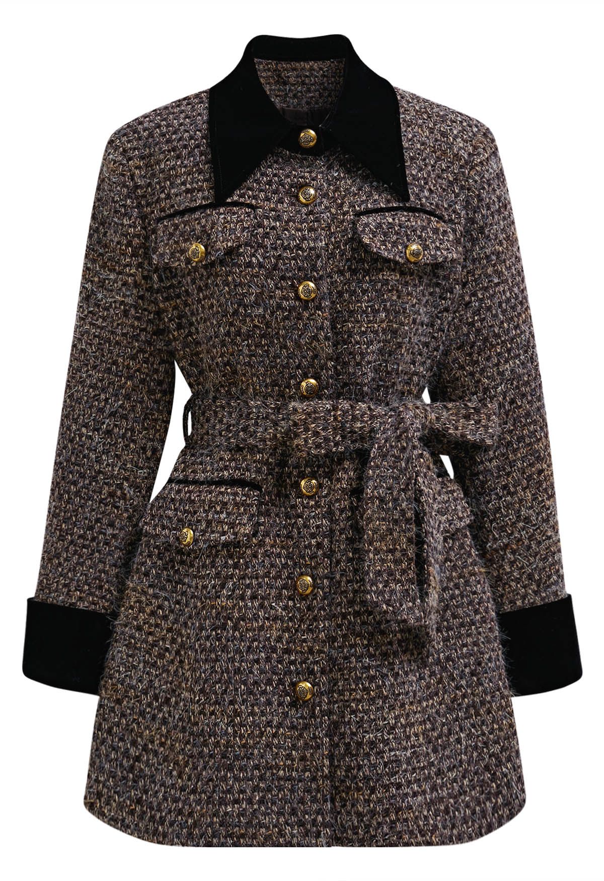 Fuzzy Velvet Spliced Tweed Buttoned Blazer Dress in Brown