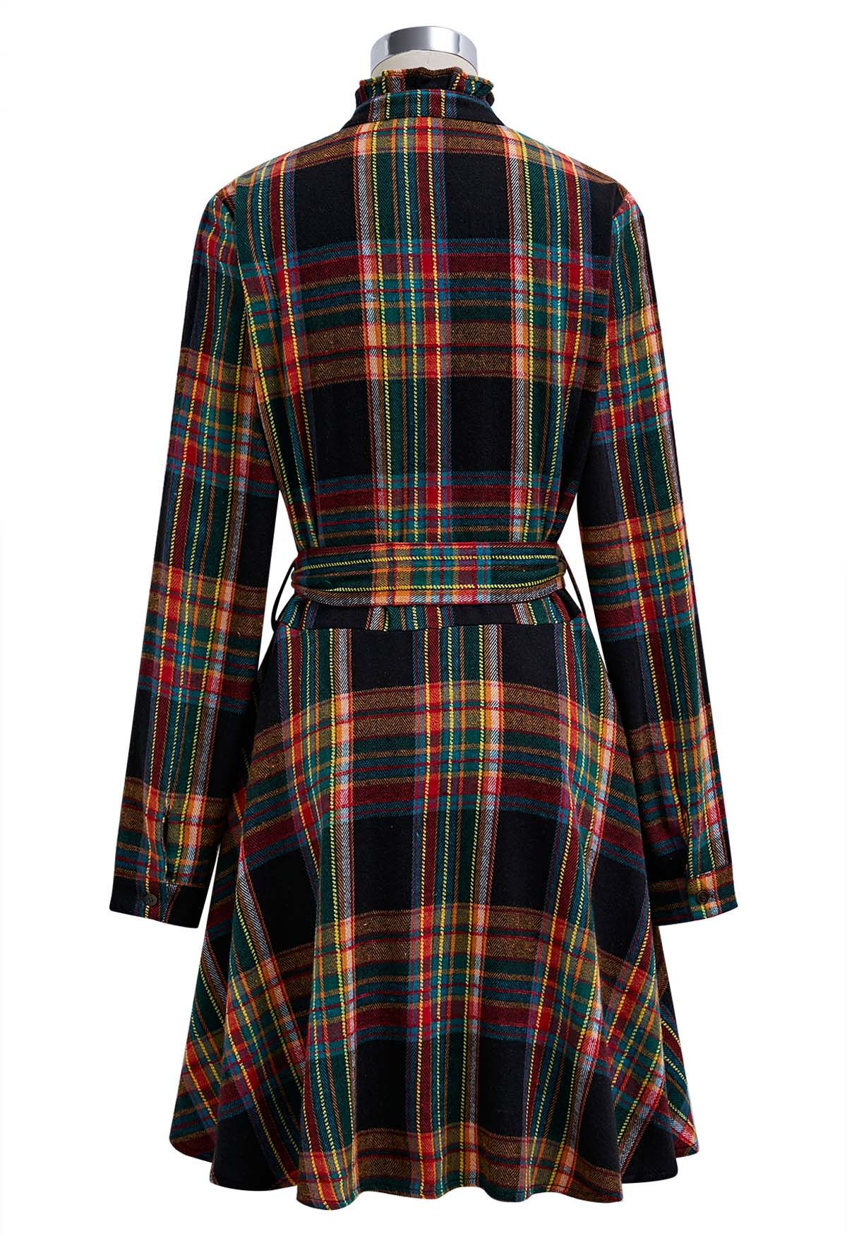 Holiday Charm Plaid Flannel Shirt Dress in Black