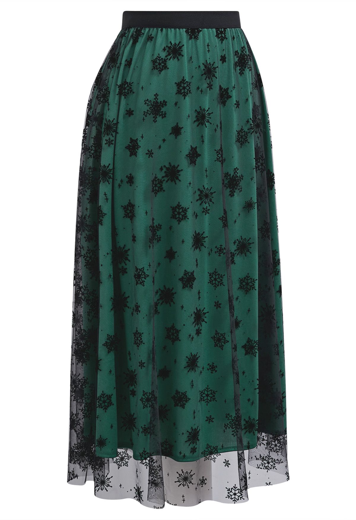 Falling Snowflake Mesh Tulle Midi Skirt in Dark Green