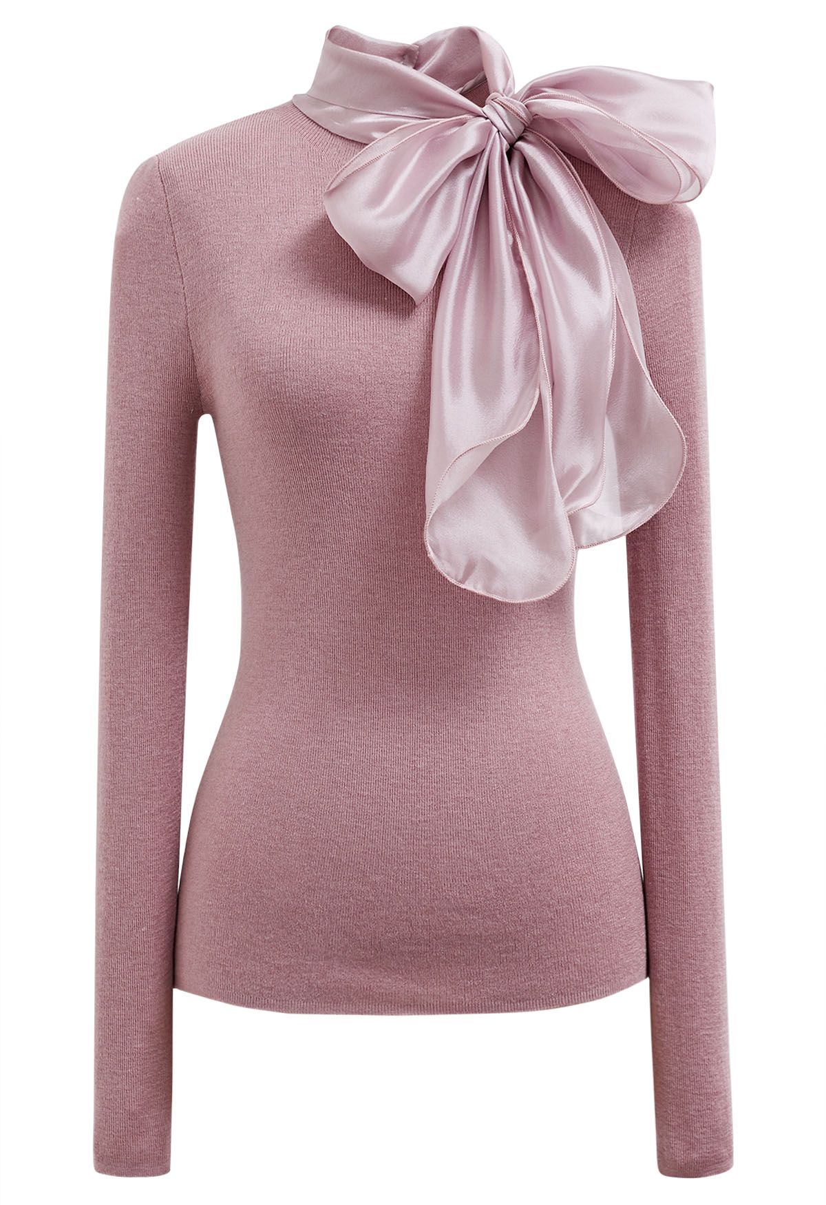 Organza Bowknot Neckline Knit Top in Dusty Pink