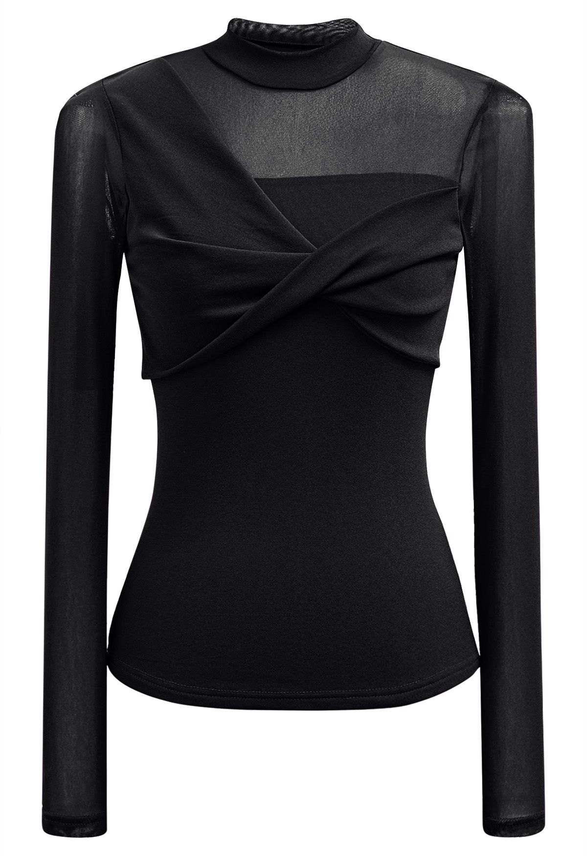 Twist Front Double-Layered Mesh Mock Neck Top in Black