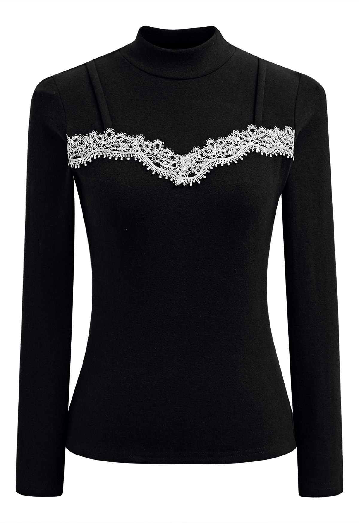 Tender Touch Crochet Trim Mock Neck Top in Black