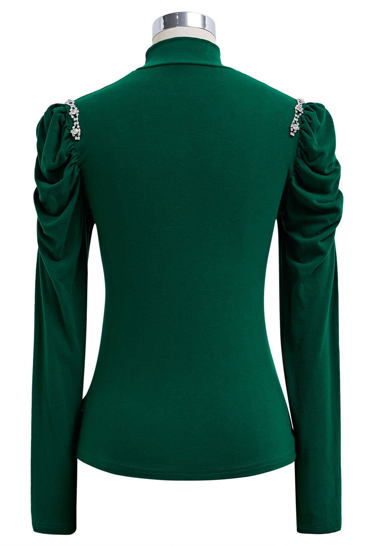 Rhinestone Decor Ruched Shoulder Mock Neck Top in Green