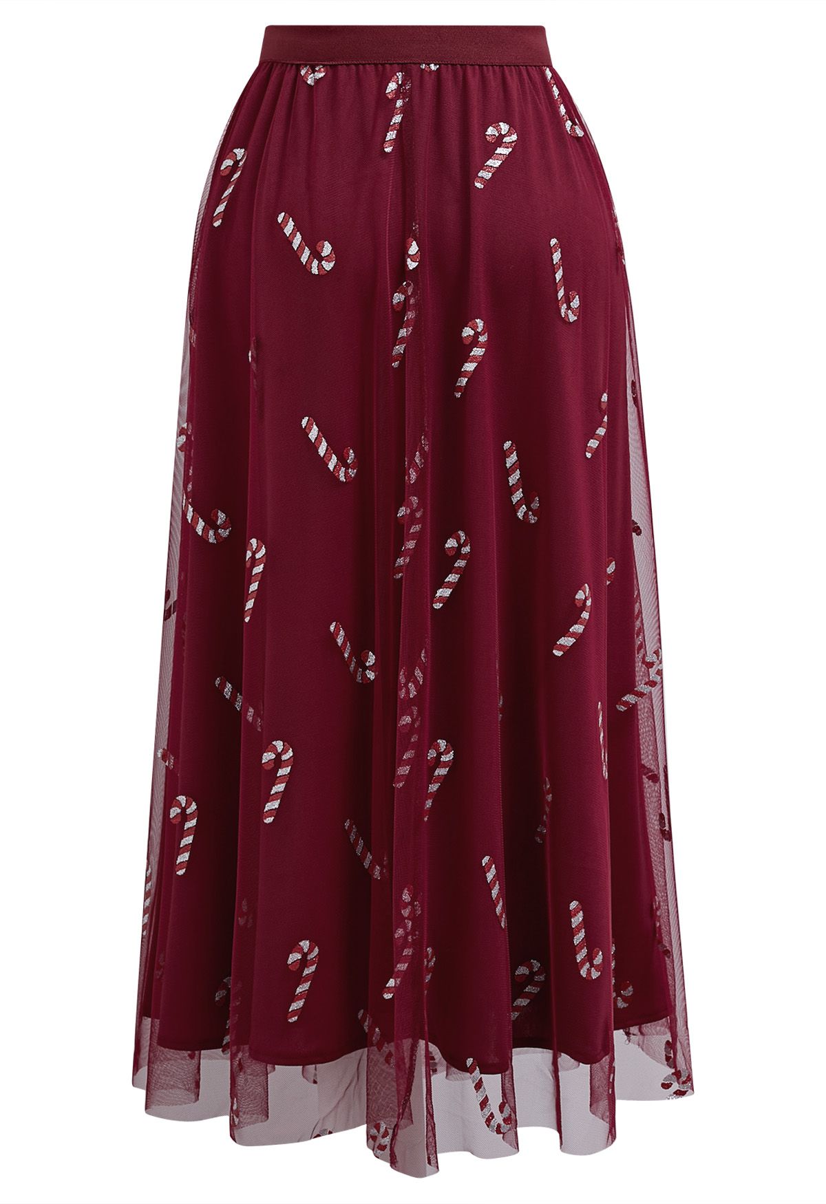 Shimmer Candy Cane Mesh Tulle Midi Skirt in Burgundy