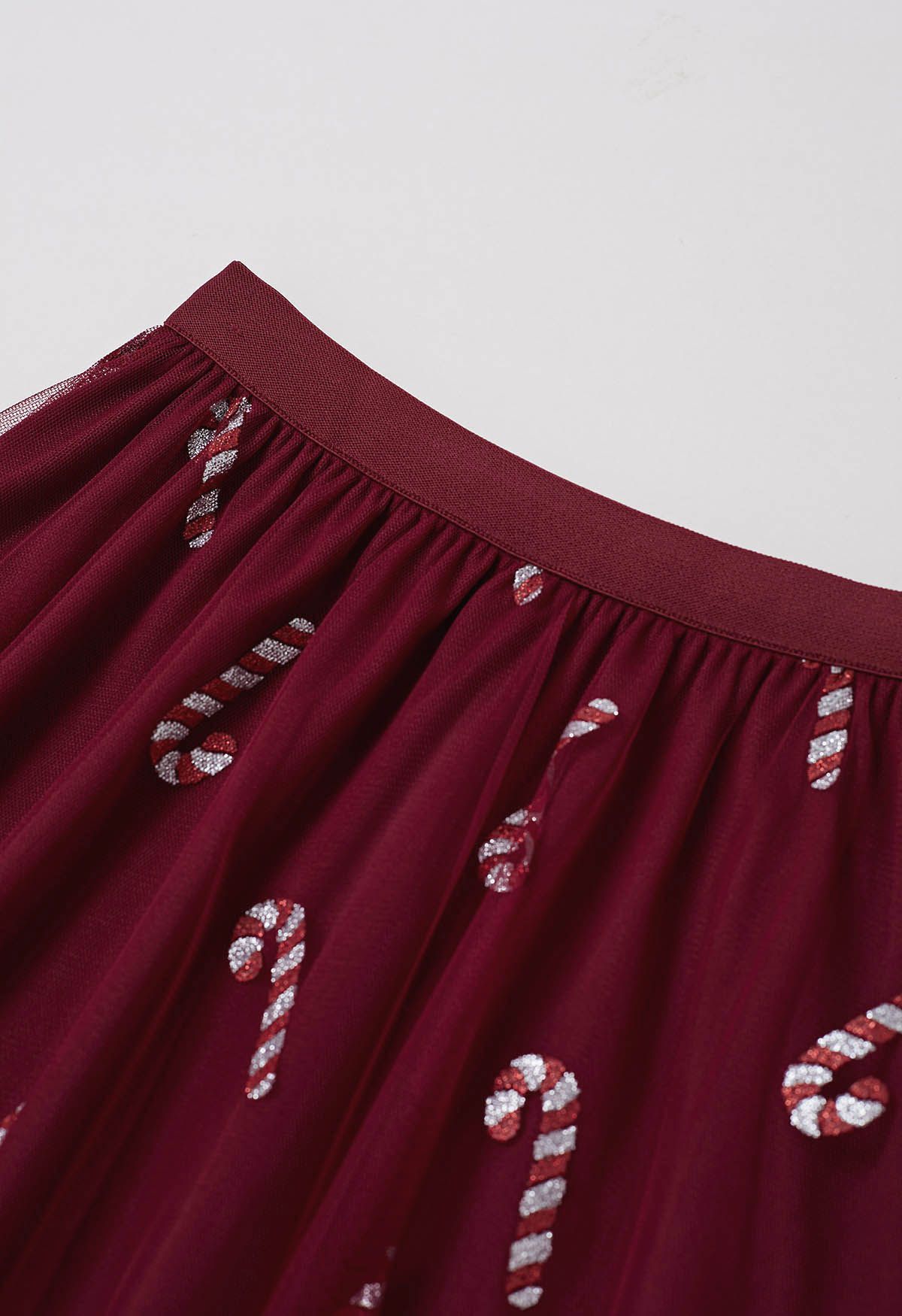 Shimmer Candy Cane Mesh Tulle Midi Skirt in Burgundy