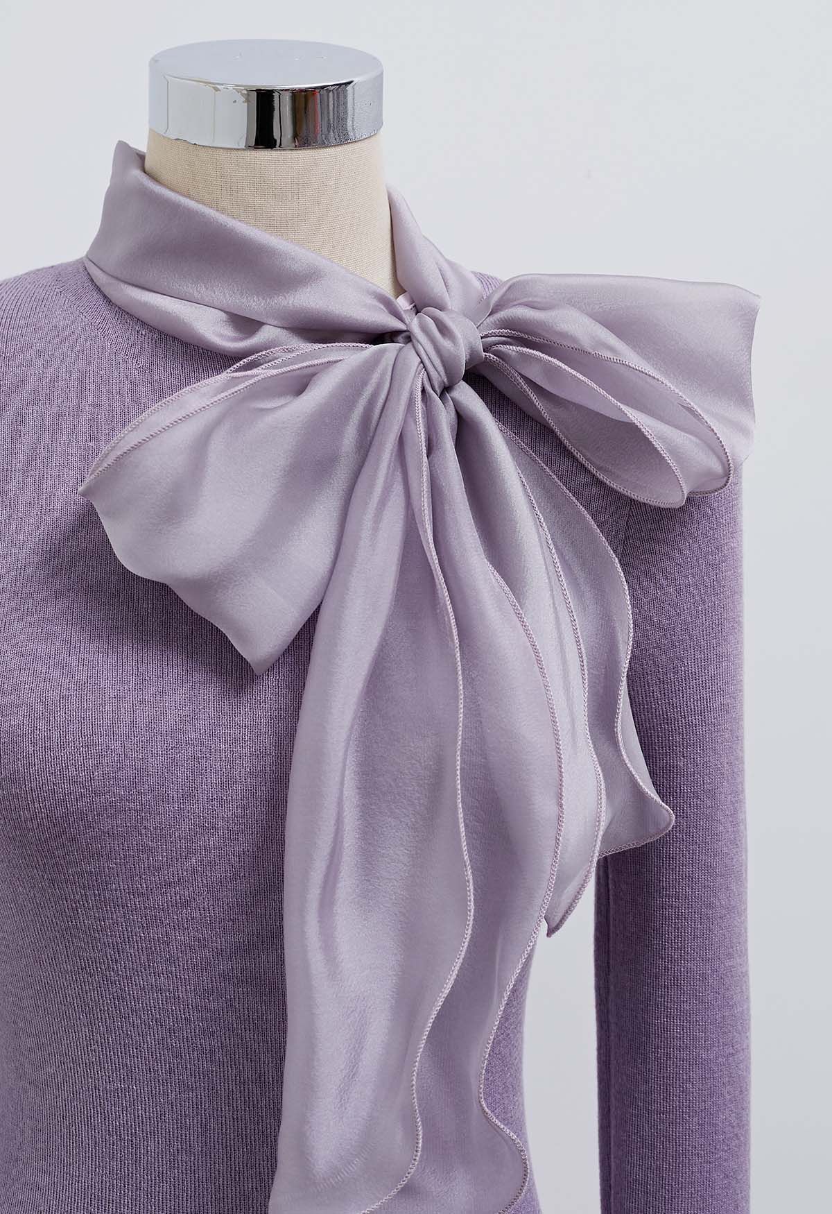 Organza Bowknot Neckline Knit Top in Lilac