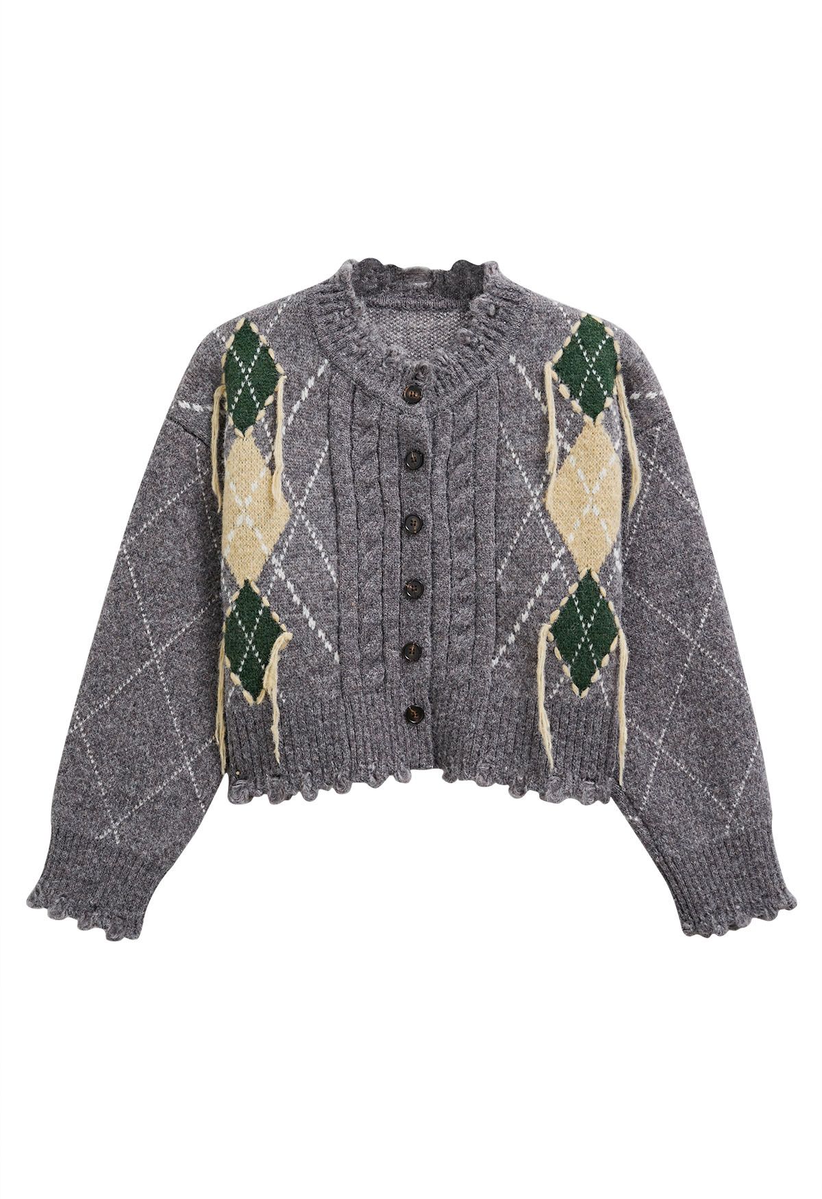 Argyle Pattern Frayed Edge Buttoned Crop Cardigan in Grey