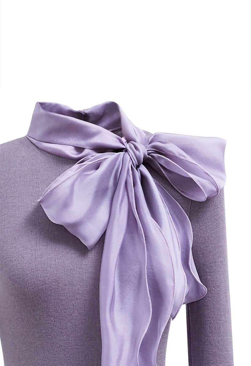 Organza Bowknot Neckline Knit Top in Lilac