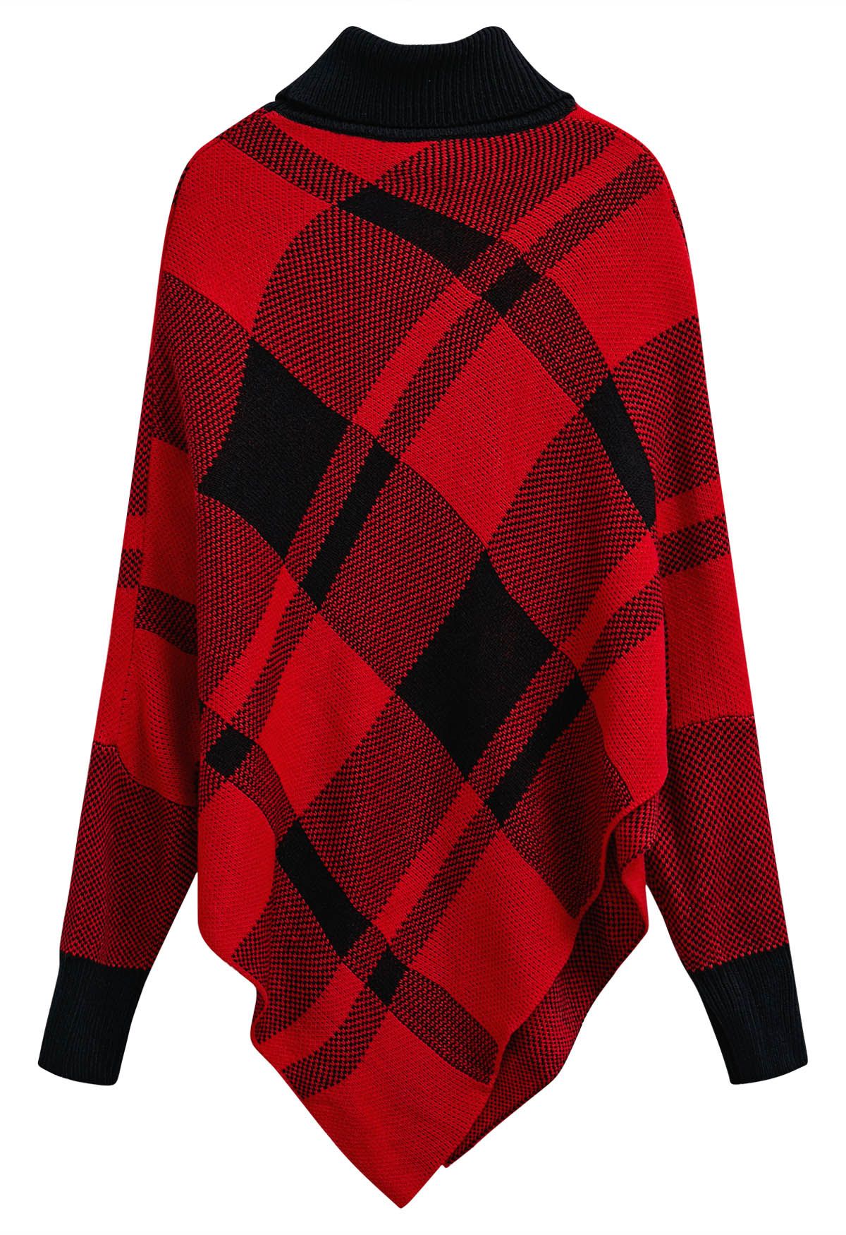 Festive Plaid Turtleneck Knit Poncho in Red