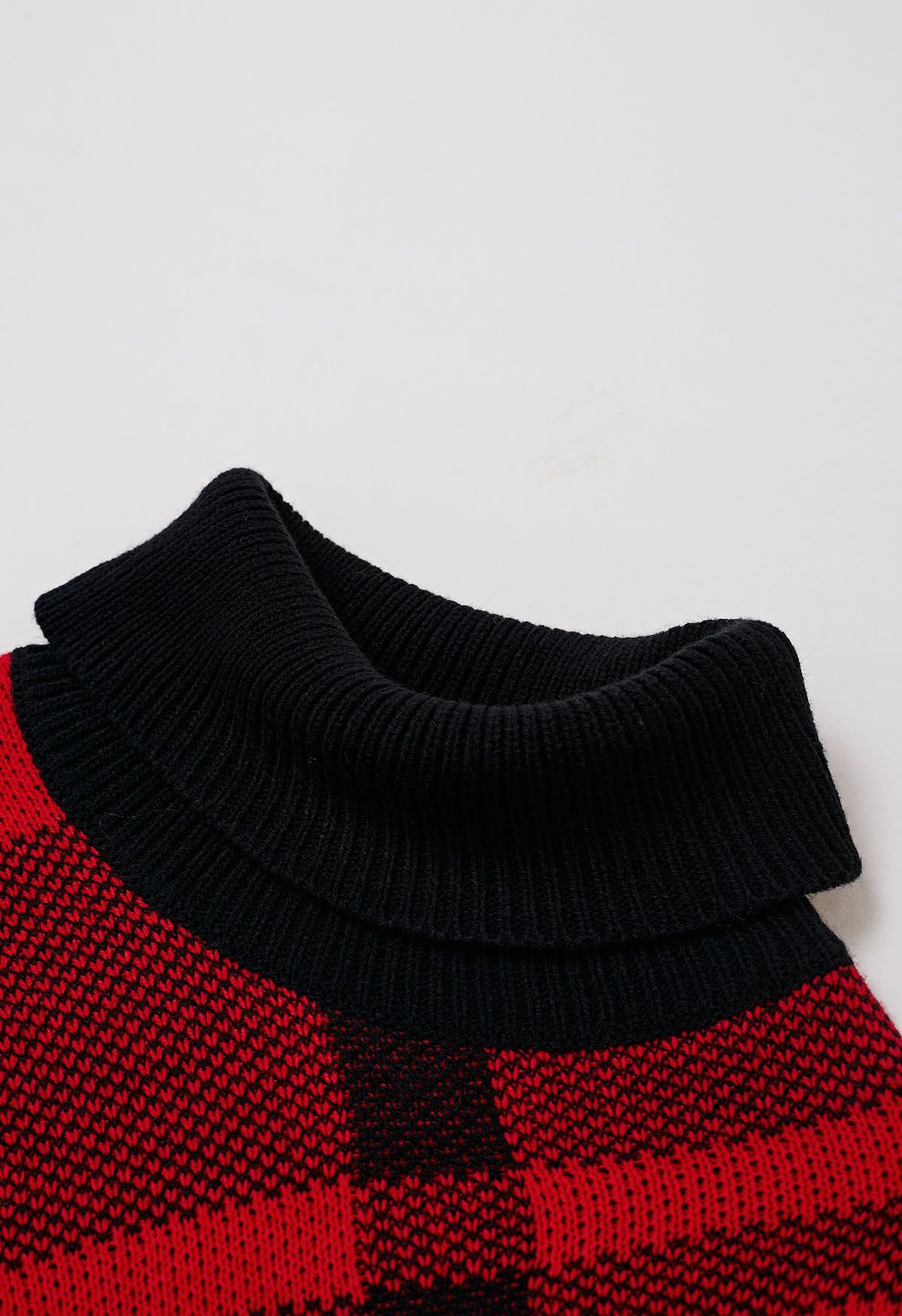 Festive Plaid Turtleneck Knit Poncho in Red