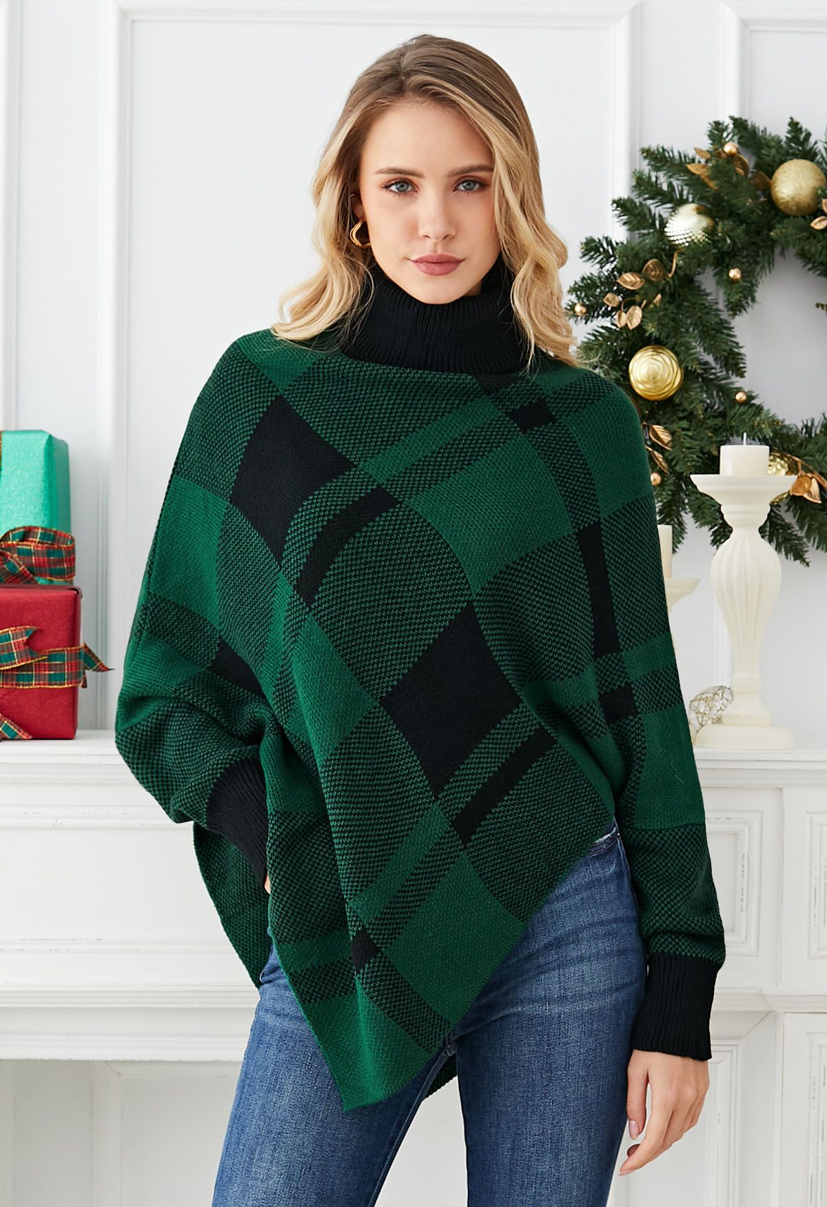 Plaid turtleneck poncho hotsell