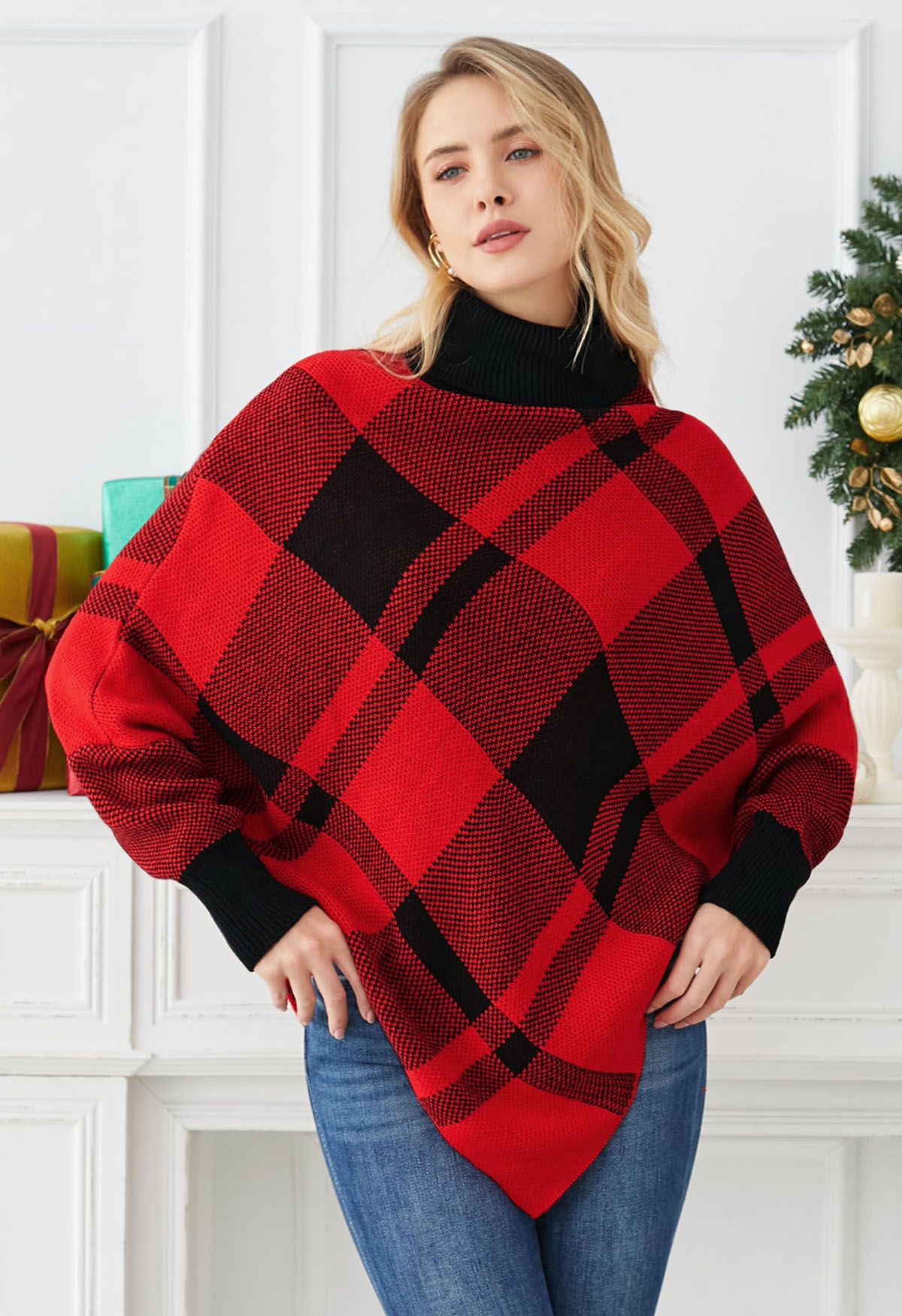 Plaid turtleneck poncho hotsell