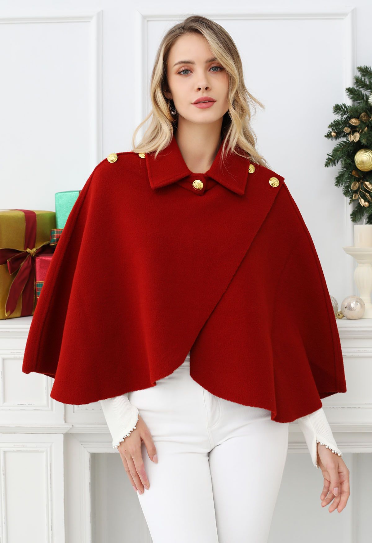 Golden Button Wrapped Knit Cape in Red