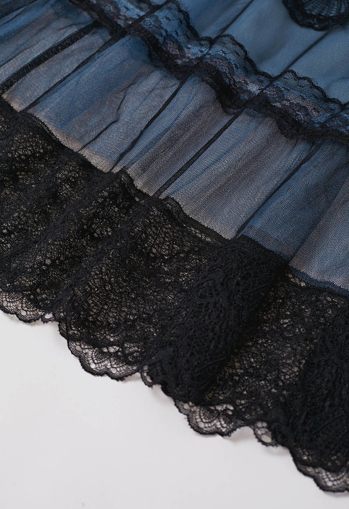 Mysterious Lace Tiered Mesh Tulle Midi Skirt in Dusty Blue