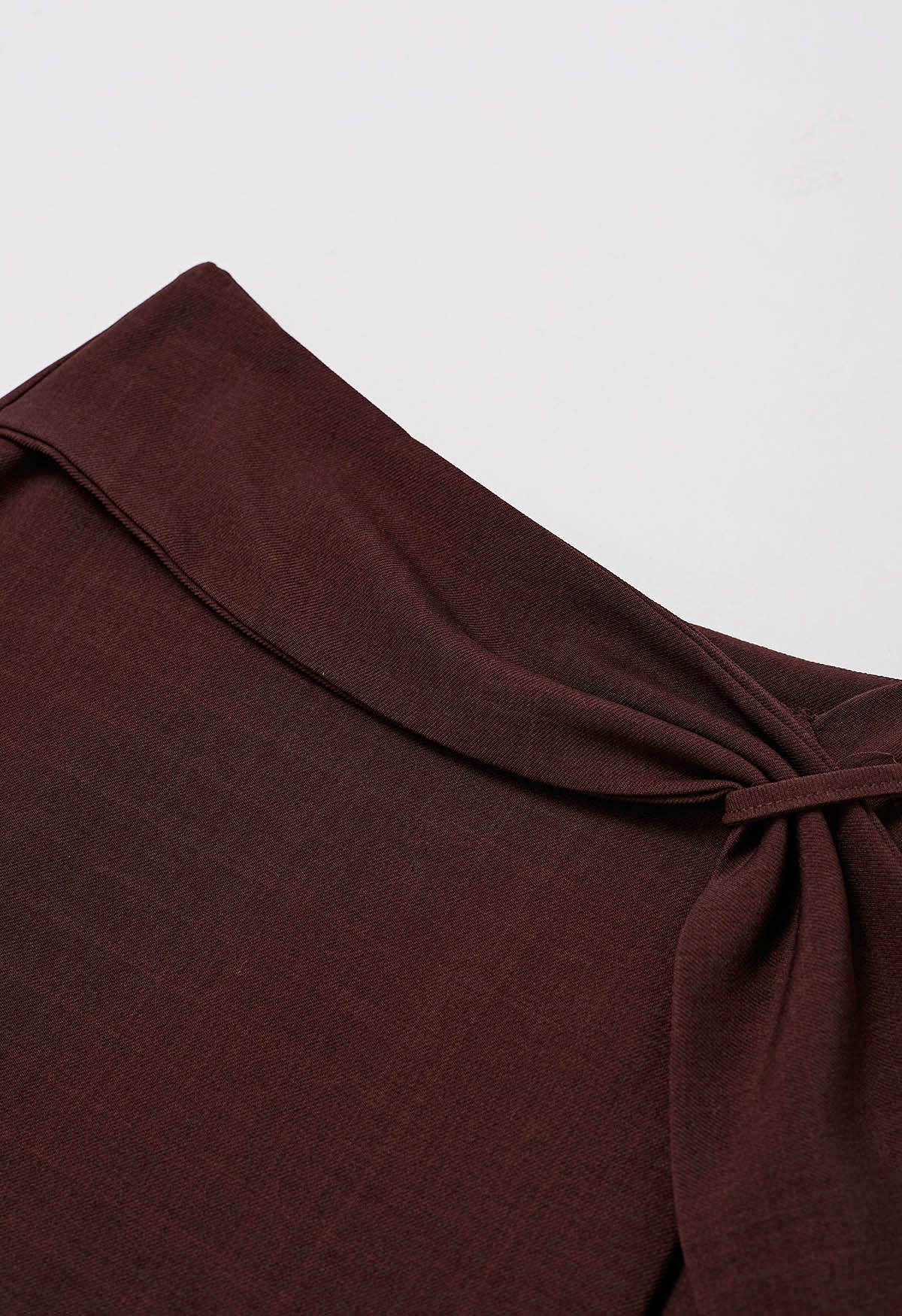 Sash Adorned Split A-Line Midi Skirt in Burgundy