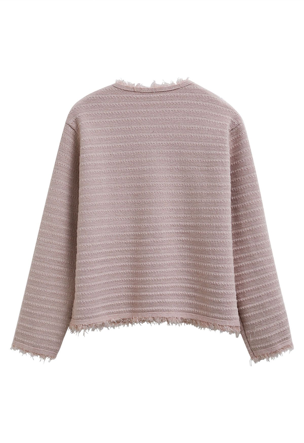 Tassel Edge Metallic Mix Knit Cardigan in Light Pink