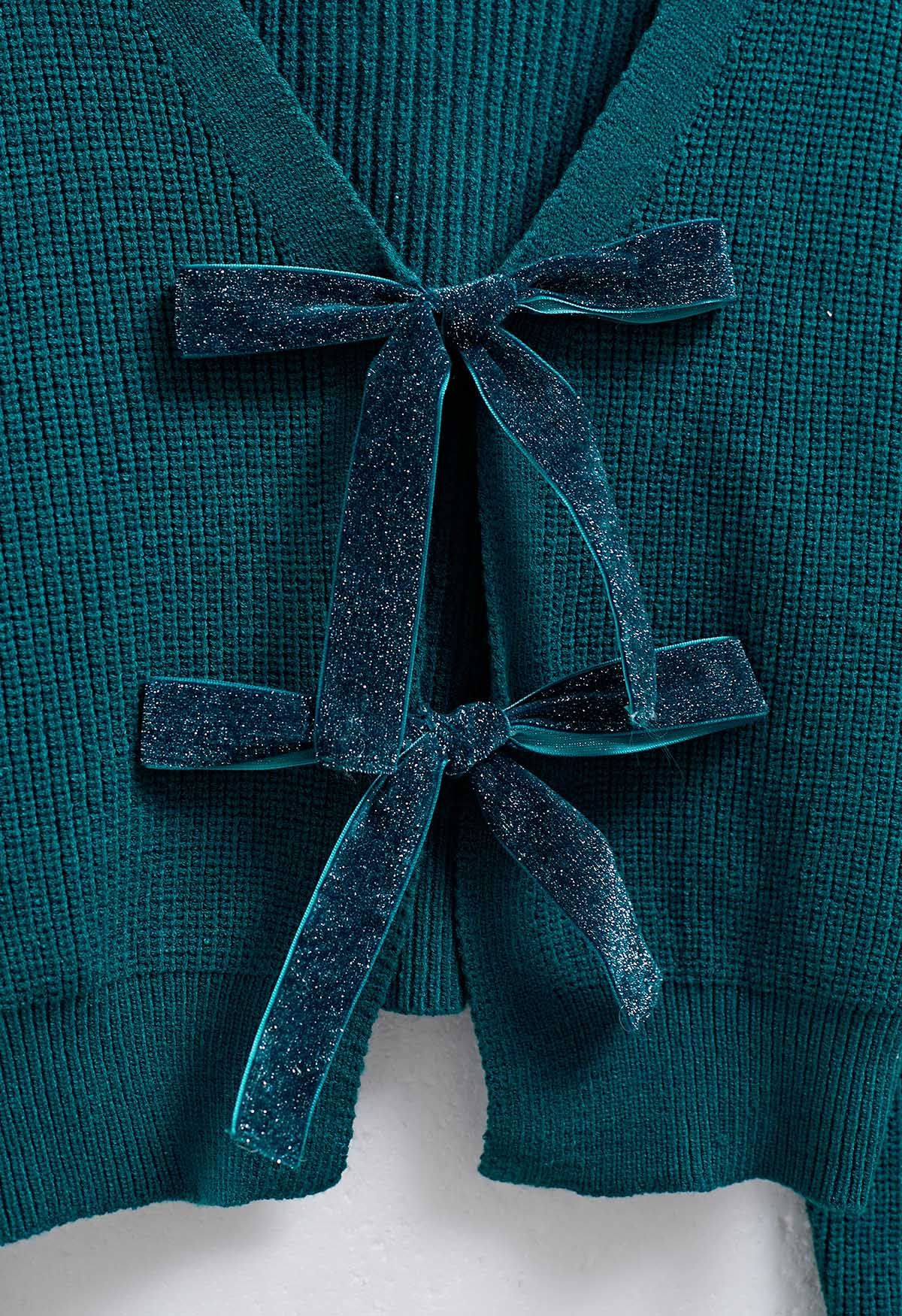 Shimmery Velvet Tie Front Crop Knit Cardigan in Teal