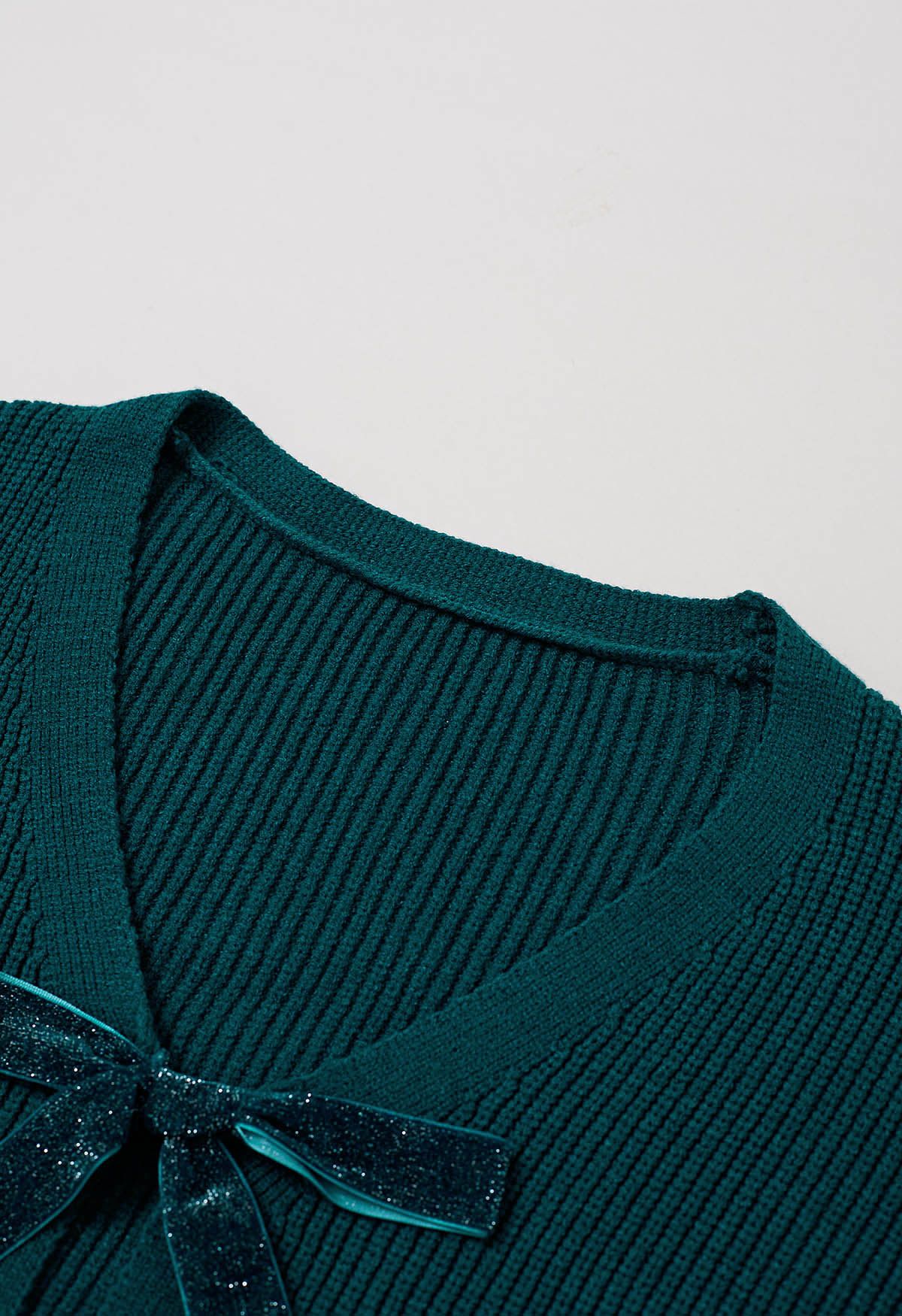 Shimmery Velvet Tie Front Crop Knit Cardigan in Teal