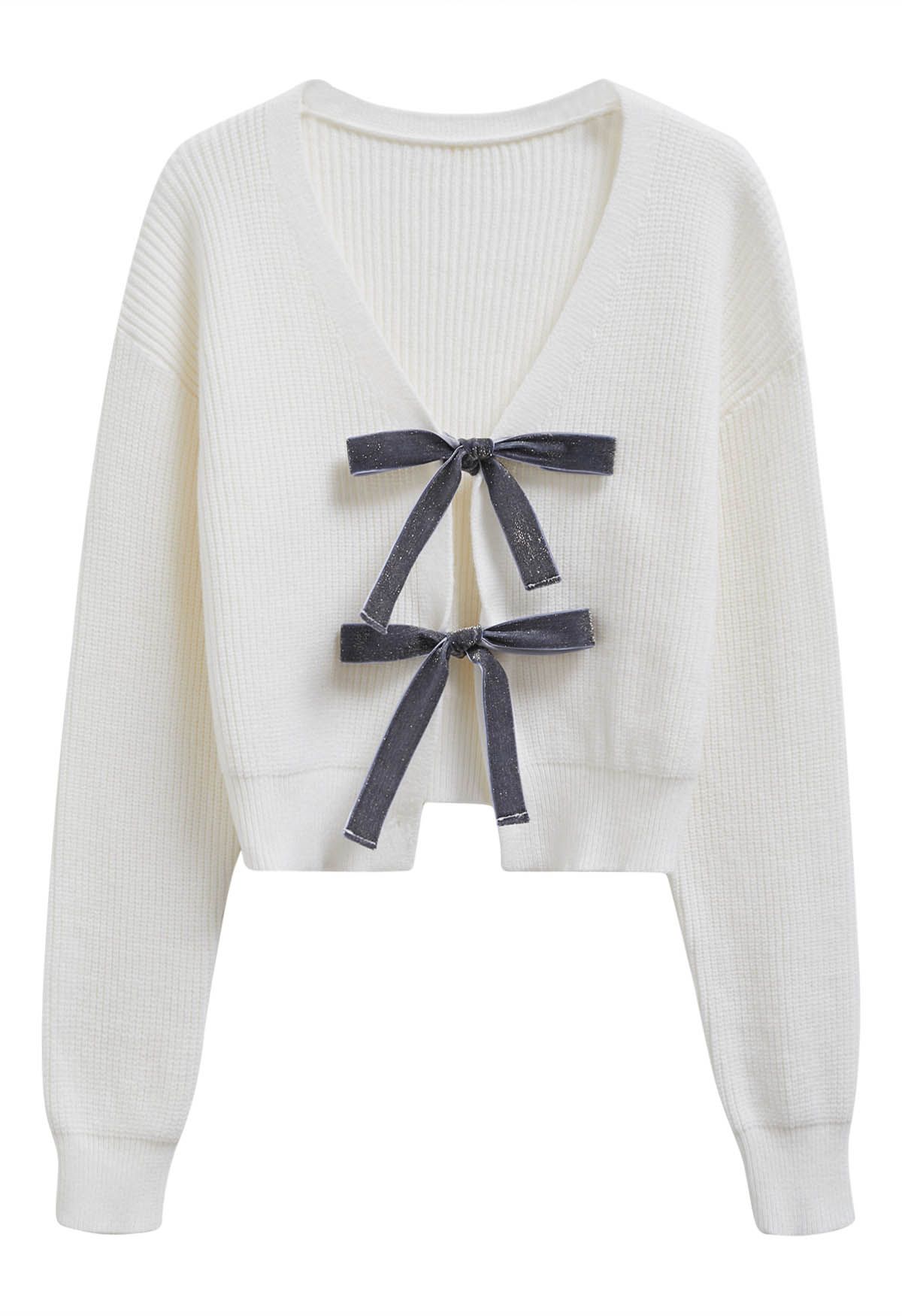 Shimmery Velvet Tie Front Crop Knit Cardigan in White