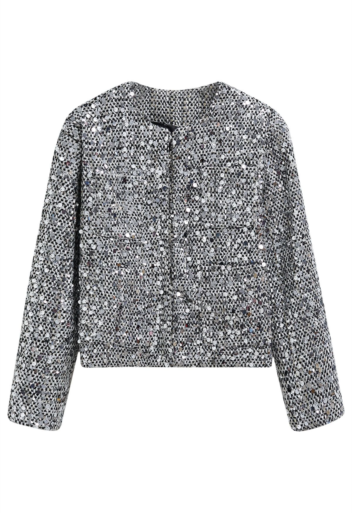 Silver Sequin Embellishment Tweed Jacket