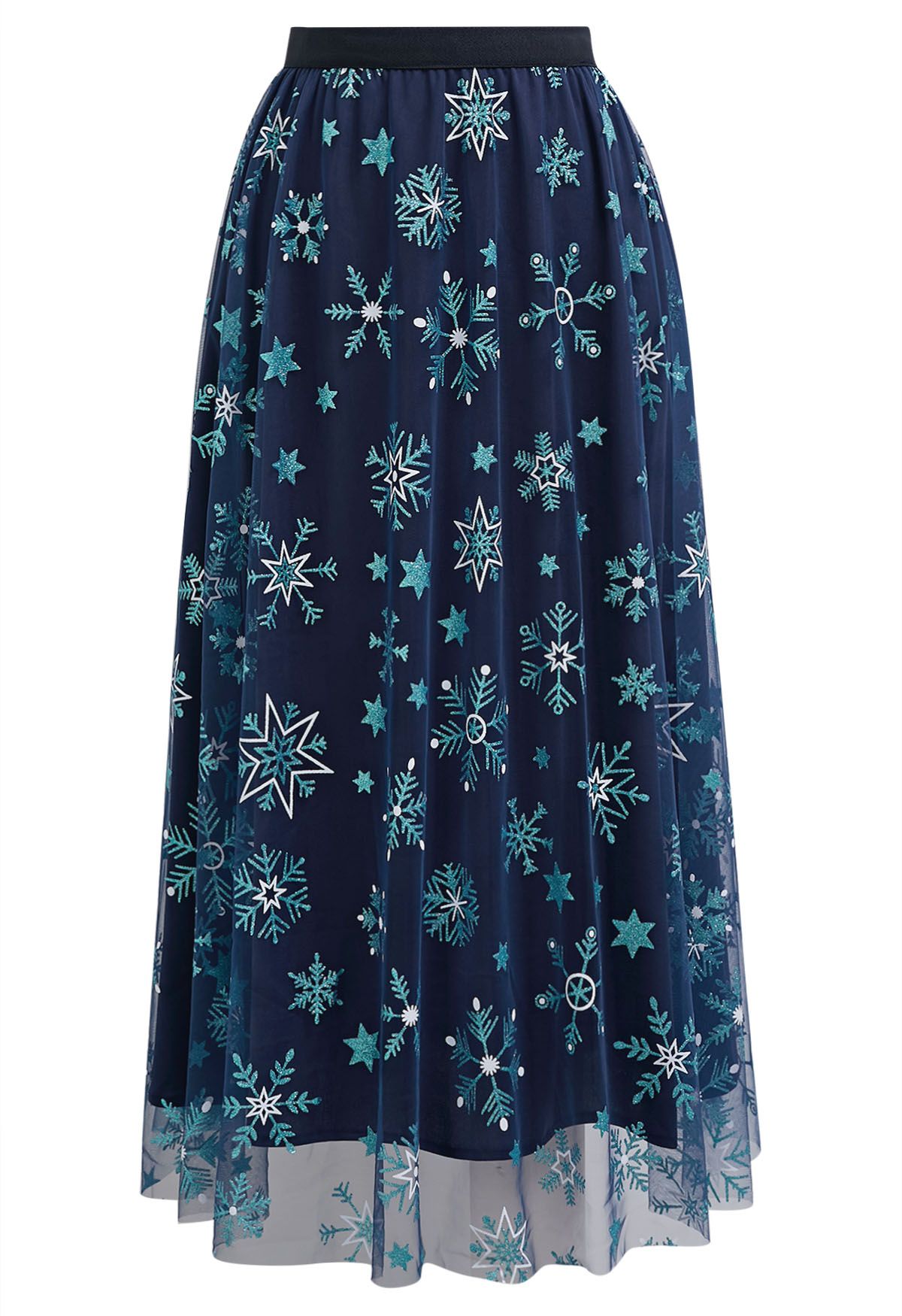 Glitter Star Snowflake Mesh Tulle Midi Skirt Retro Indie and Unique Fashion