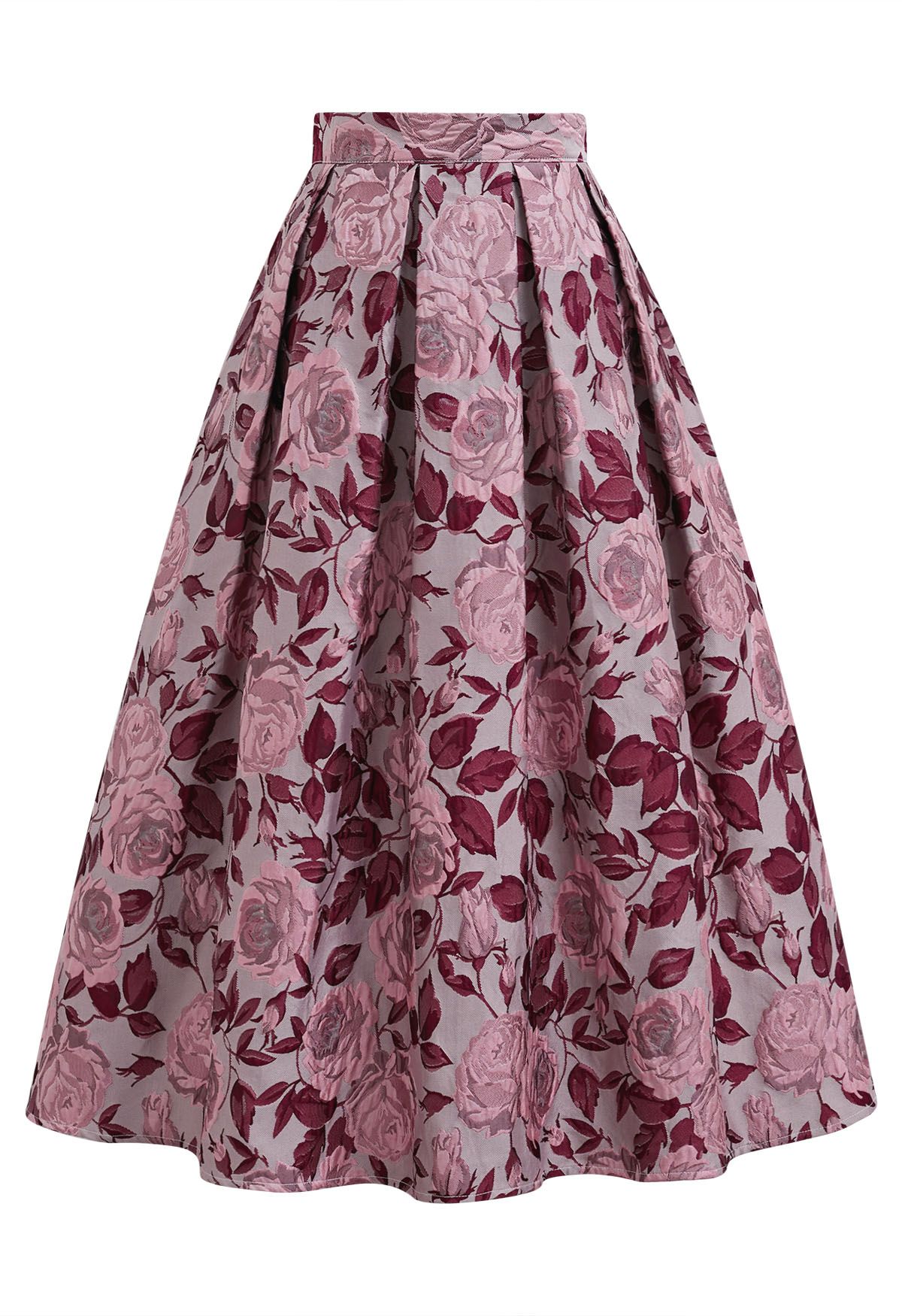 Enchanted Pink Rose Jacquard Pleated Midi Skirt