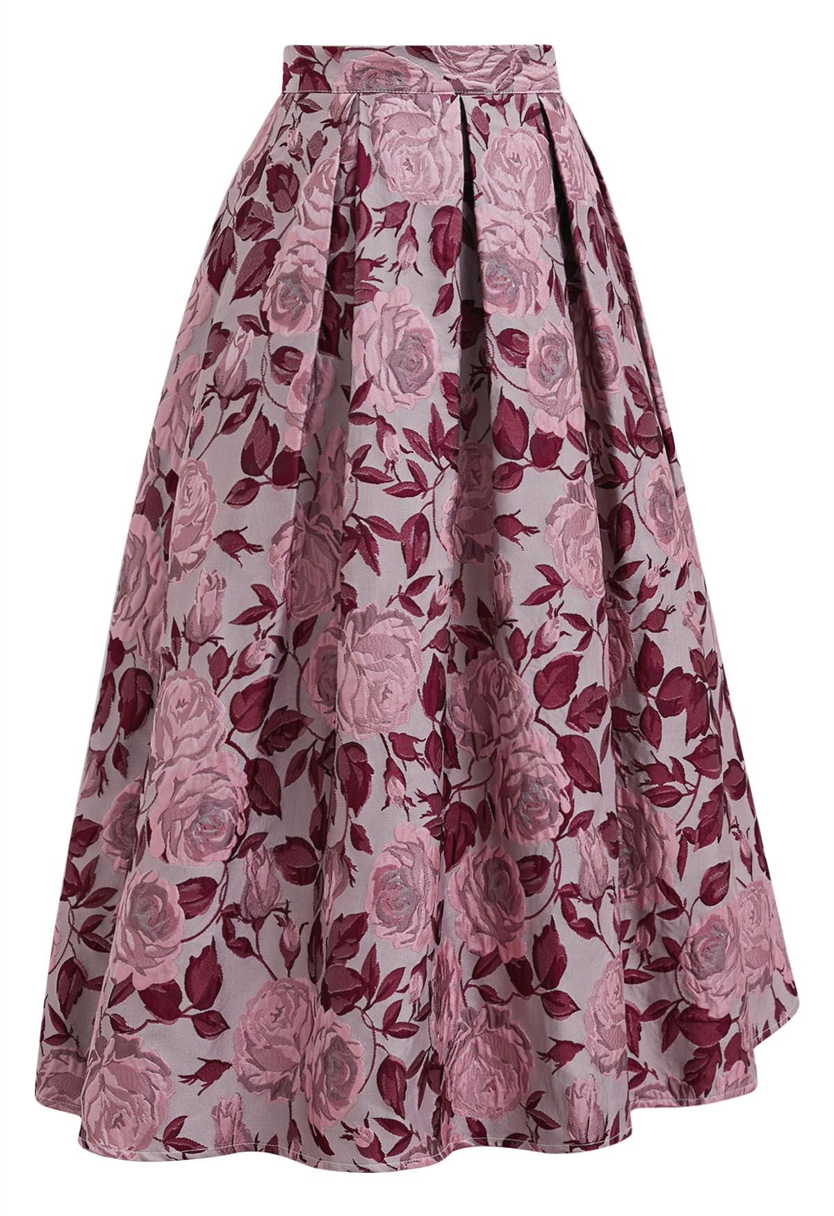 Enchanted Pink Rose Jacquard Pleated Midi Skirt