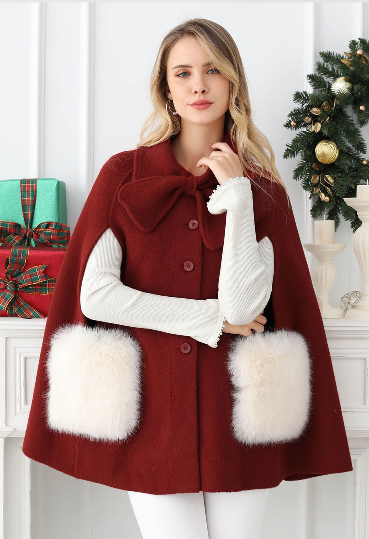 Bowknot Decor Faux Fur Pocket Buttoned Knit Cape Coat in Red Retro Indie and Unique Fashion