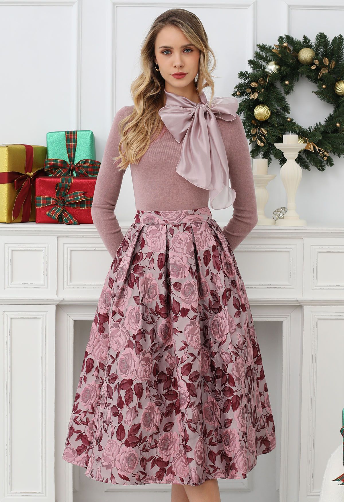 Enchanted Pink Rose Jacquard Pleated Midi Skirt Retro Indie and Unique Fashion