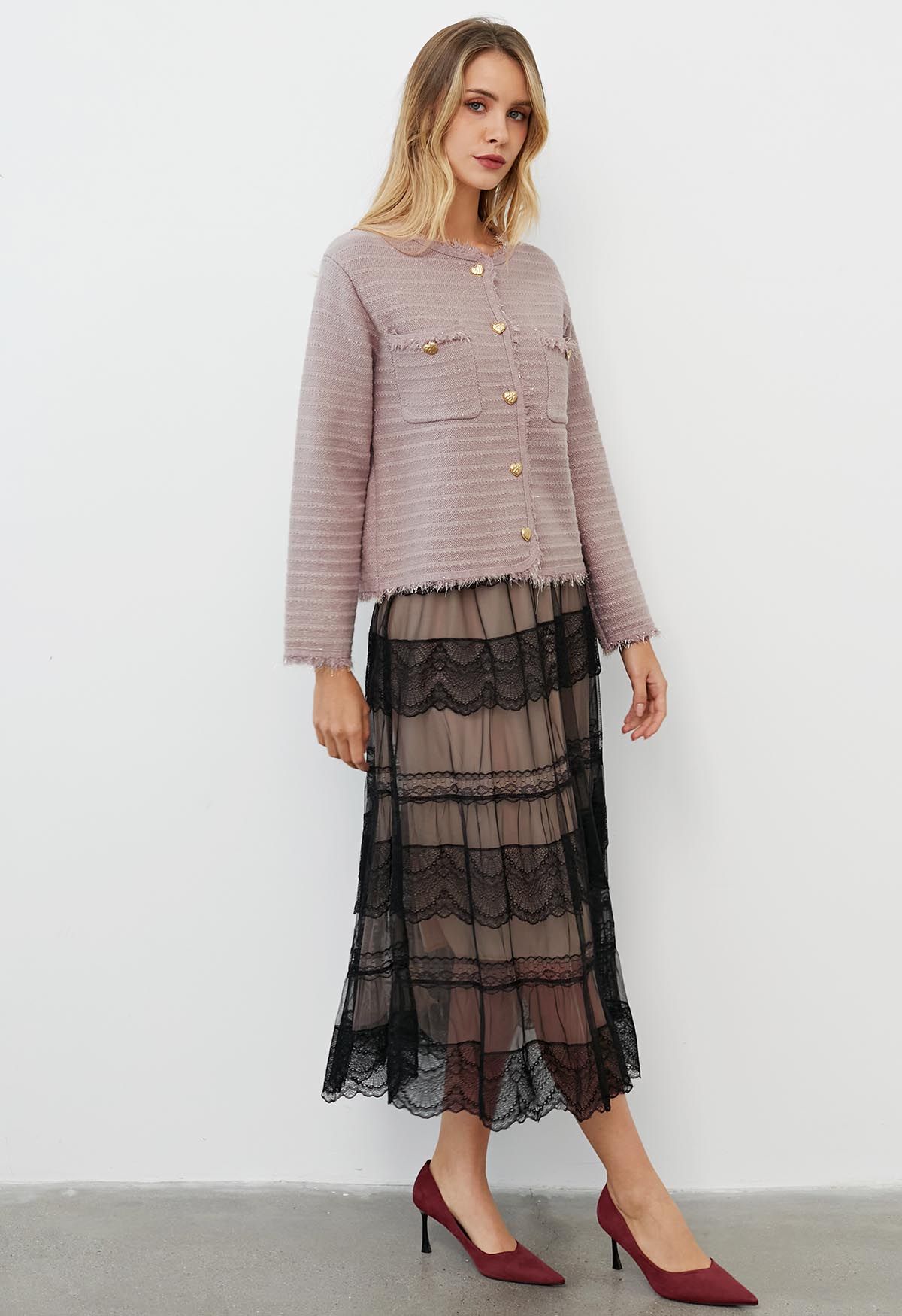 Mysterious Lace Tiered Mesh Tulle Midi Skirt in Apricot