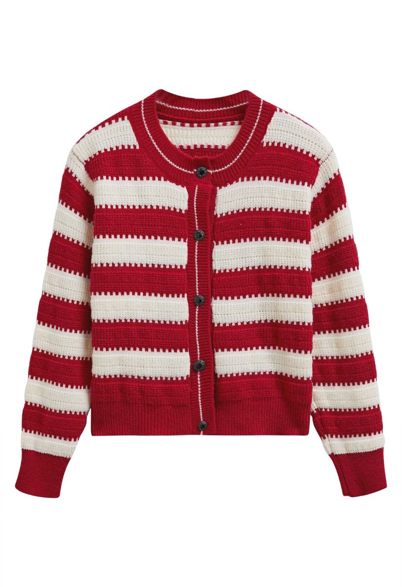 Red and White Stripe Pattern Button-Up Cardigan