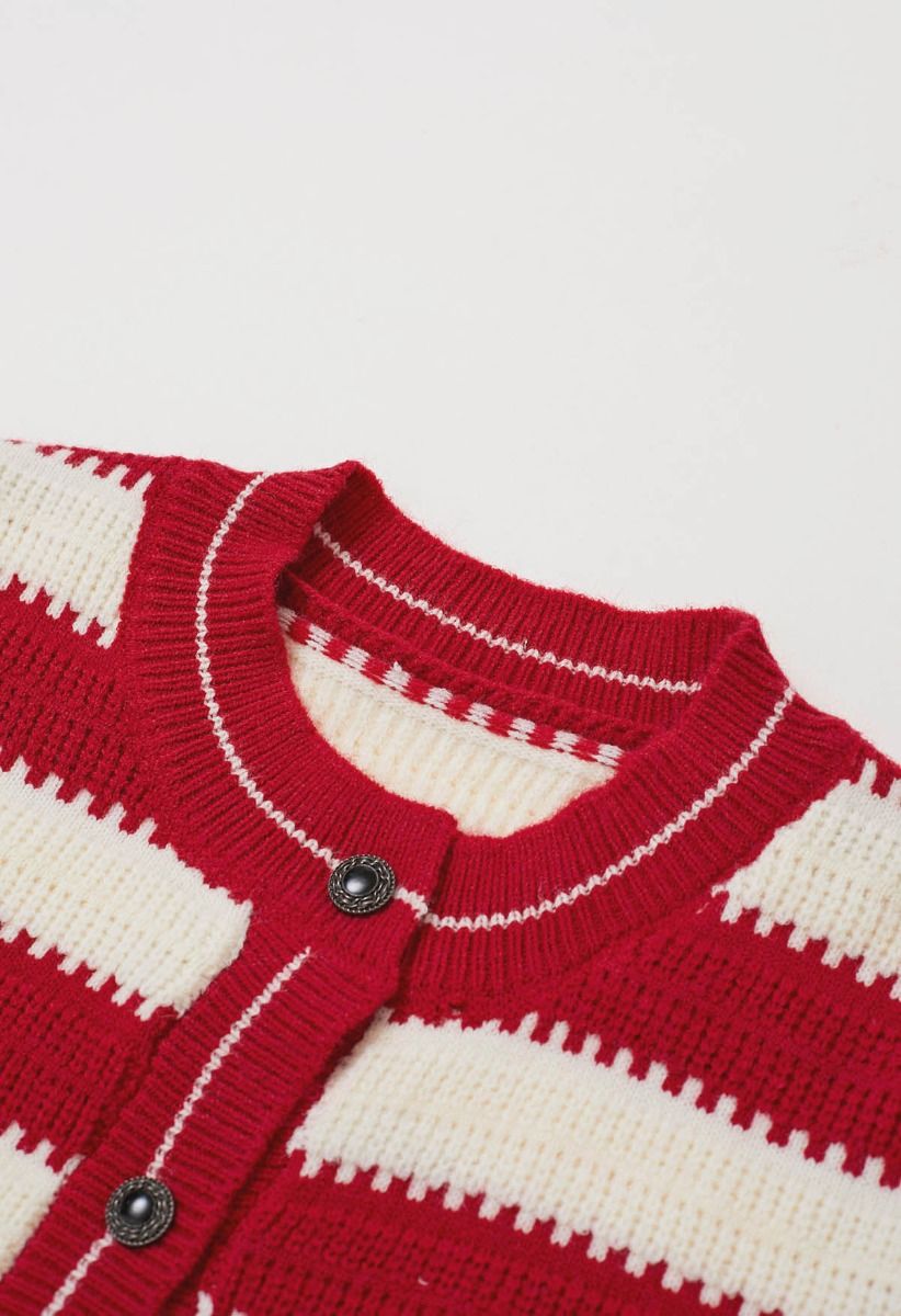 Red and White Stripe Pattern Button-Up Cardigan