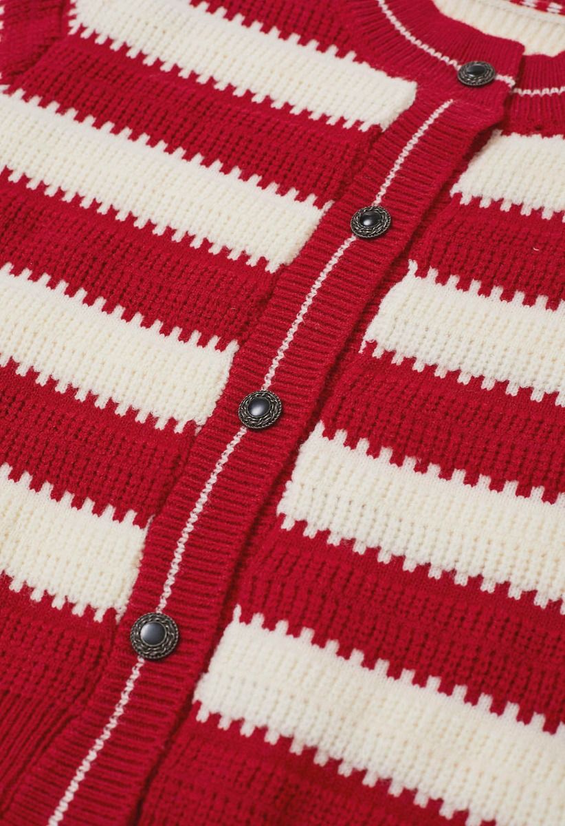 Red and White Stripe Pattern Button-Up Cardigan