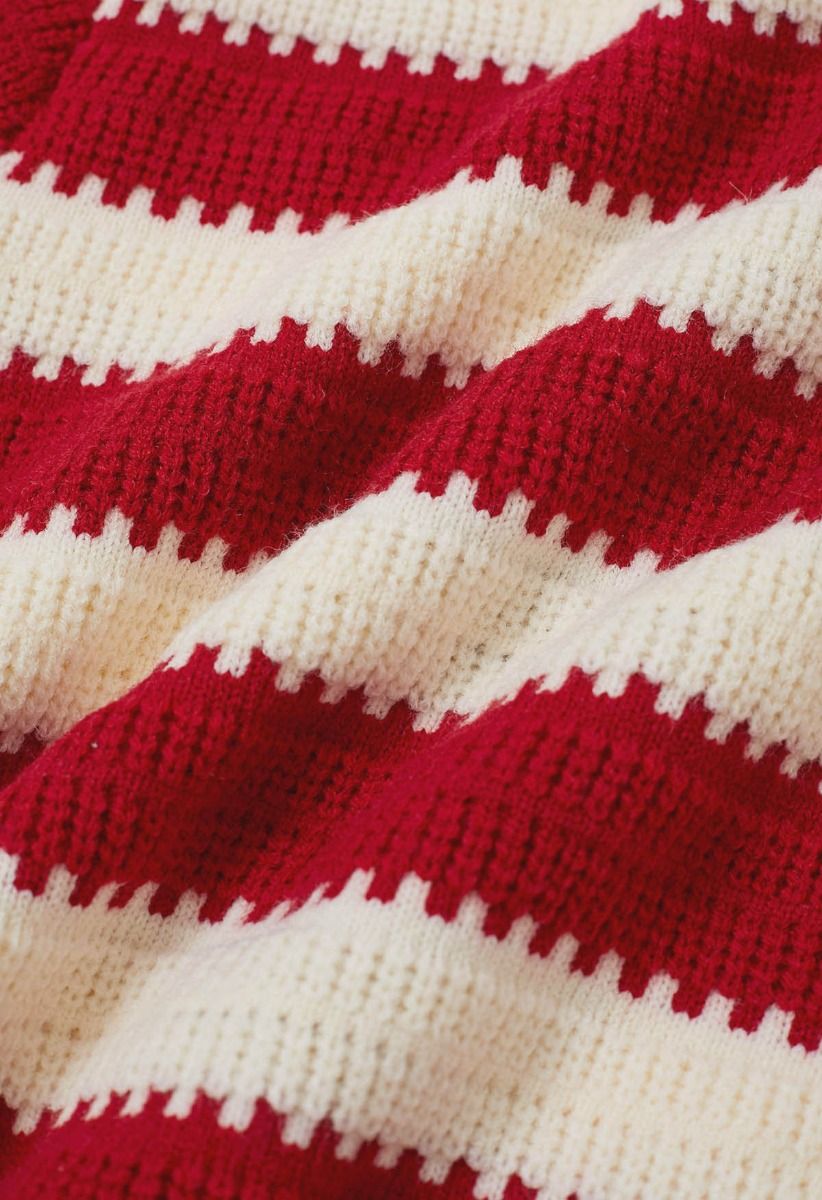 Red and White Stripe Pattern Button-Up Cardigan