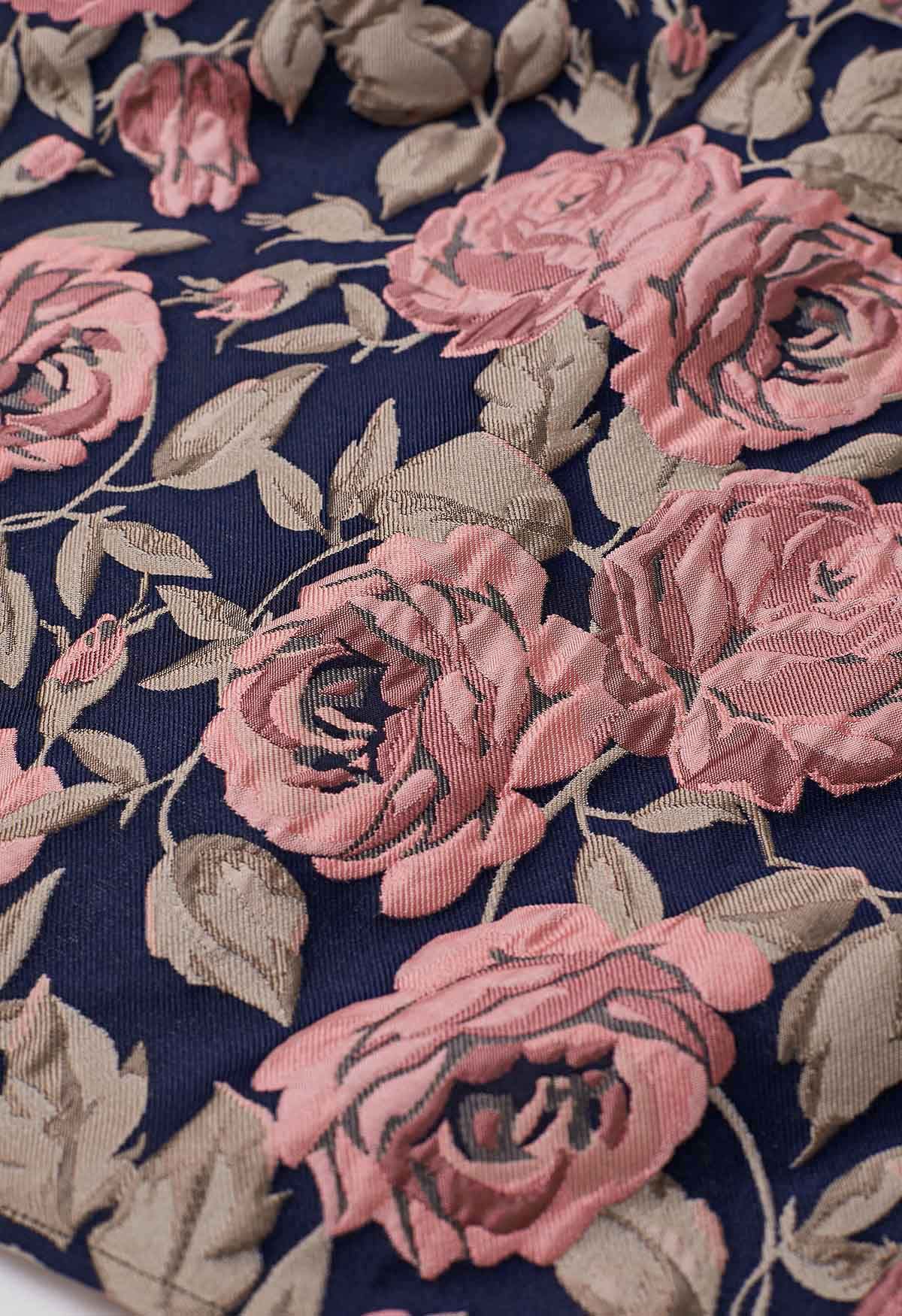 Enchanted Pink Rose Jacquard Pleated Midi Skirt in Navy