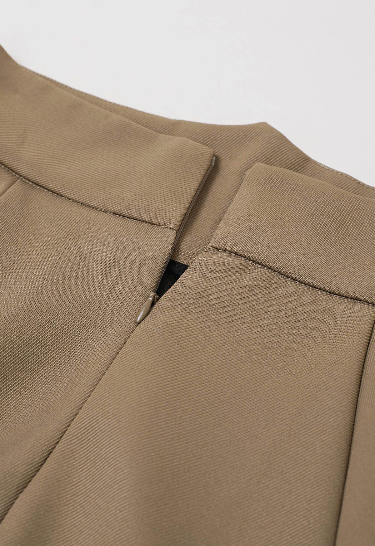 Solid Khaki High-Waist A-Line Midi Skirt