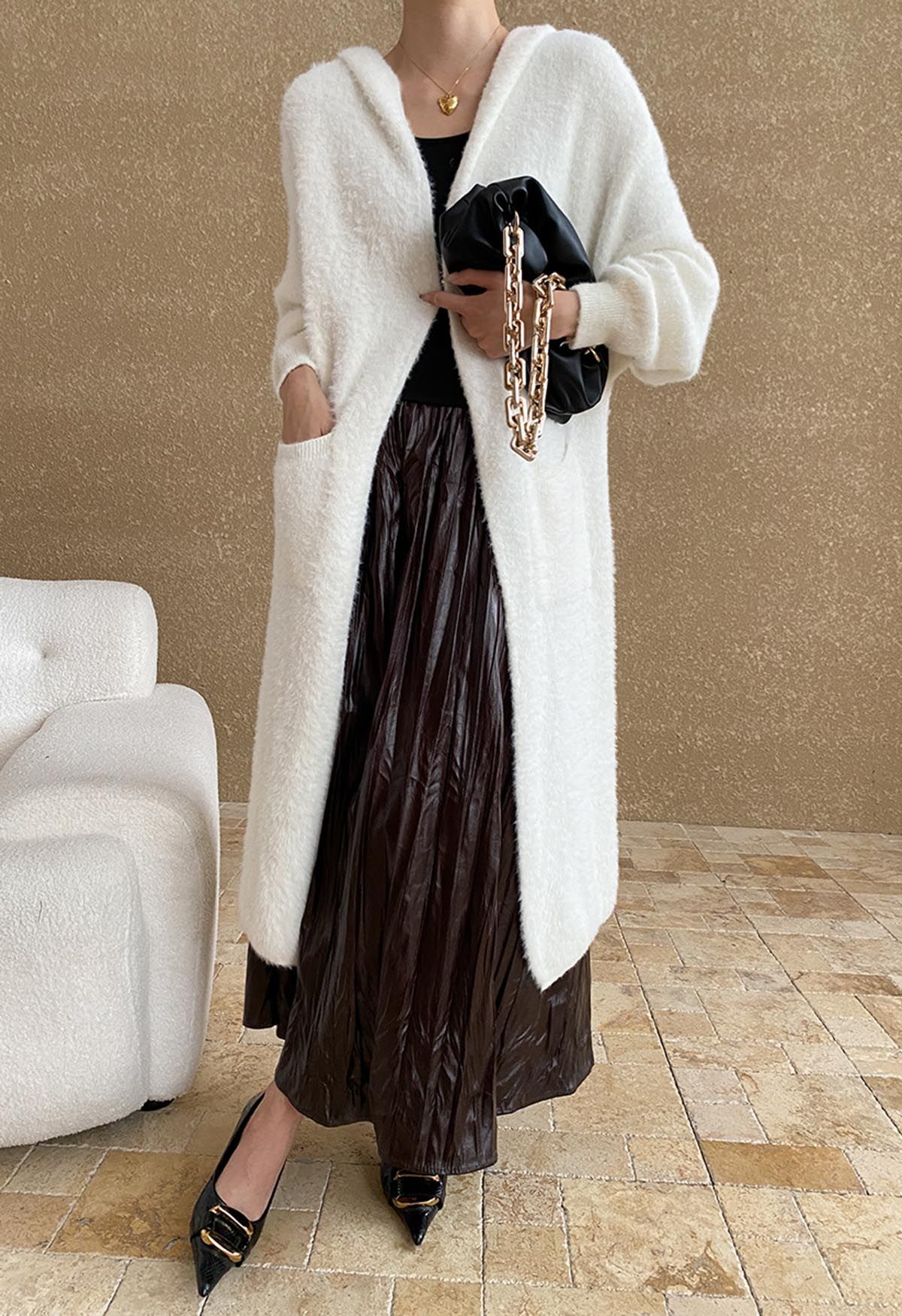 Fluffy Open Front Hooded Longline Knit Cardigan in White