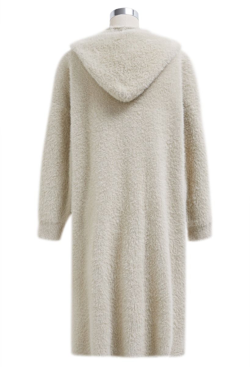 Fluffy Open Front Hooded Longline Knit Cardigan in Camel