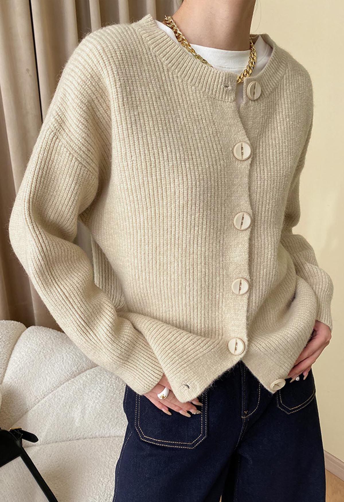 Delicate Softness Ribbed Buttoned Knit Cardigan in Camel