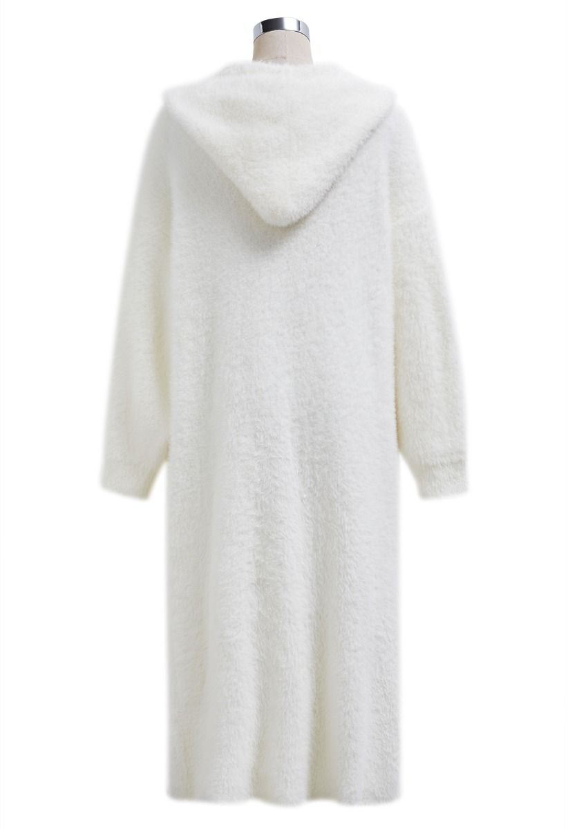 Fluffy Open Front Hooded Longline Knit Cardigan in White