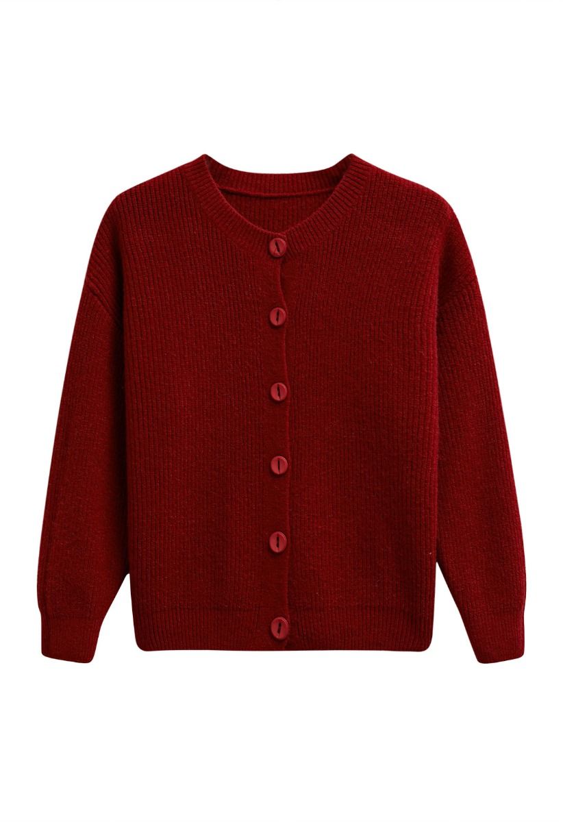 Delicate Softness Ribbed Buttoned Knit Cardigan in Red