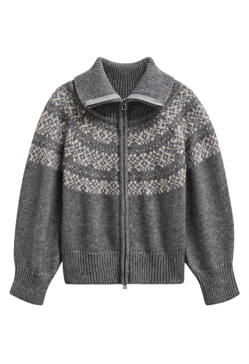 Double-Zip Fair Isle Jacquard Knit Cardigan in Grey