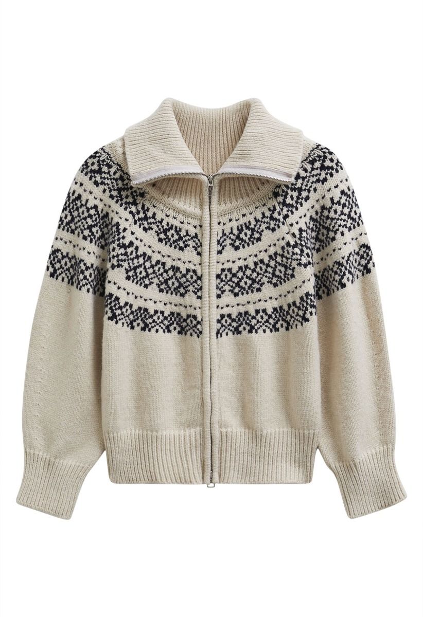 Double-Zip Fair Isle Jacquard Knit Cardigan in Cream