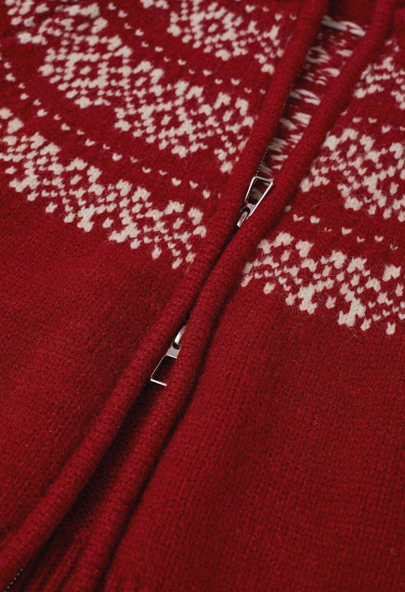 Double-Zip Fair Isle Jacquard Knit Cardigan in Red